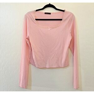 Romwe Woman Y2K Preppy Cropped Long Sleeve Top Size L Feminine 90s Pink Bow Lace